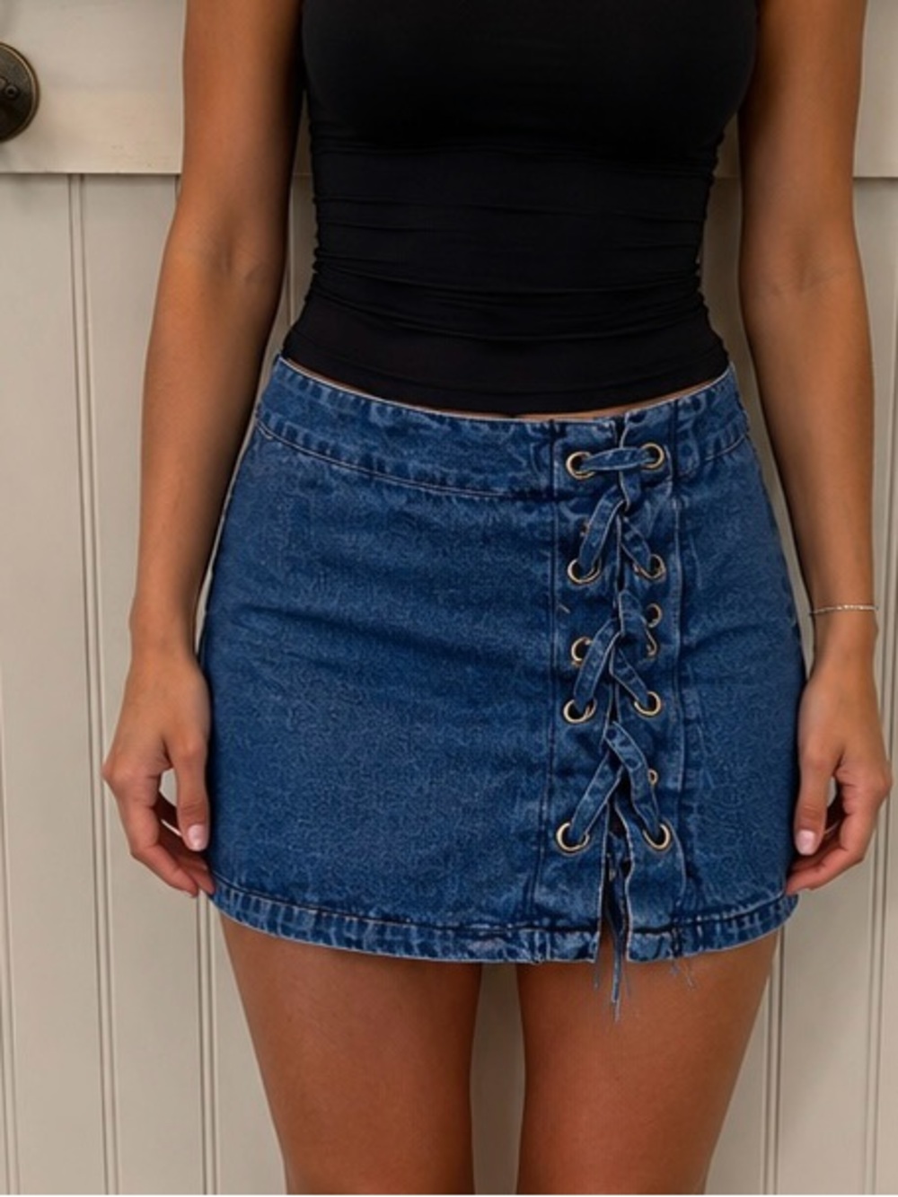 Mustard Seed Dark Blue Lace-Up Denim Mini Skirt